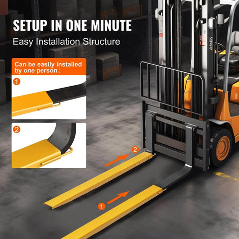 Heavy Duty Forklift Extensions 84 Inch Long 5.5 Inch Wide 1 Pair Pallet Fork Extensions for Forklifts 4000 Lbs Load Capacity Durable Q235 Carbon Steel Construction No Bending Under Heavy Loads Easy Slide On Fit shown being installed on a forklift with setup instructions in the background.