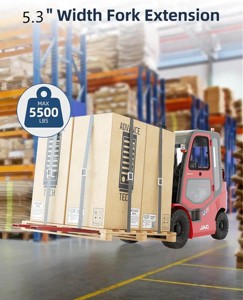 Forklift lifting boxes with 96 Inch Forklift Pallet Extensions For Heavy Lifting And Safer Stacking, 5500 Lbs Capacity, 5.3 Inch Wide Heavy Duty Fork Extensions Pair For Forklifts, Durable Q235 Alloy Steel Construction in warehouse