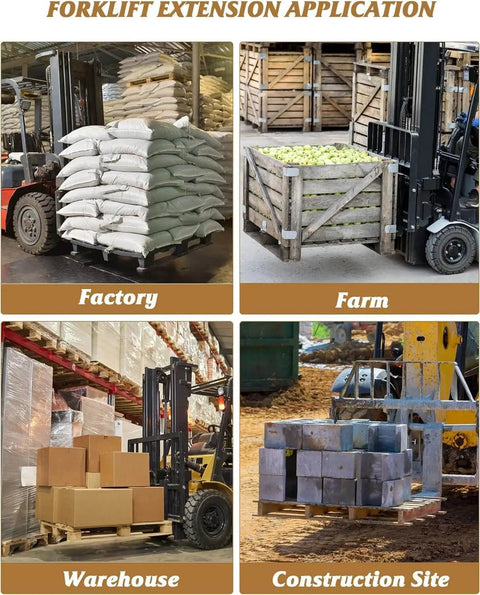 Forklifts with 96 Inch Forklift Pallet Extensions For Heavy Lifting And Safer Stacking, 5500 Lbs Capacity in factory, farm, warehouse, construction site.