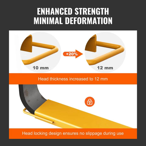 Diagram showing enhanced forklift extensions with 12mm thickness and head locking design for safety and minimal deformation.