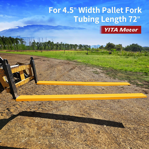 Heavy Duty Forklift Extensions 72 Inch Long And 4.5 Inch Wide Pack Of Two Pallet Fork Extenders attached to forklift on dirt road