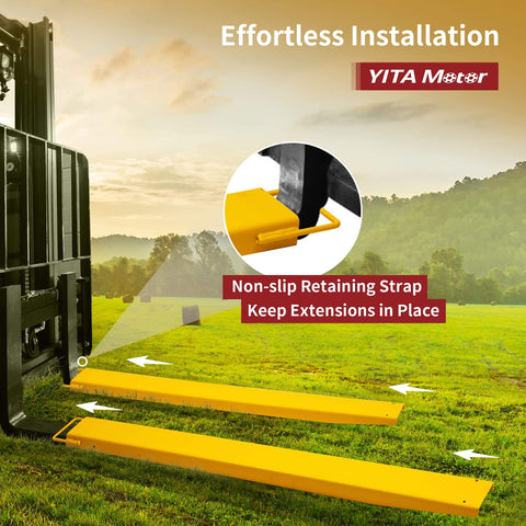 Heavy Duty Forklift Extensions 72 Inch Long And 4.5 Inch Wide Pack Of Two Pallet Fork Extenders With Yellow Finish on Forklift
