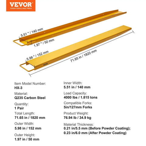 Diagram showing 72 Inch Fork Extensions For Forklifts, 5.5 Inch Wide Heavy Duty Steel Extensions, material details, and dimensions