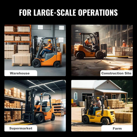 Forklift extensions in use at warehouse, construction site, supermarket, and farm for durable, safe lifting and extended reach
