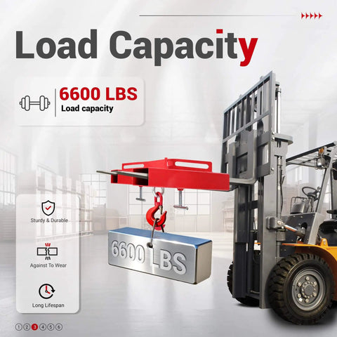 6600 Lbs Capacity Forklift Lift Hook For Pallet Forks Universal Fit Built Tough With Swivel Hook Red Powder Coated Finish ALMULOO Steel Lifting Hoist With 2 T Screws installed on a forklift
