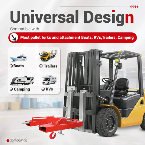 6600 Lbs Capacity Forklift Lift Hook For Pallet Forks Universal Fit Built Tough With Swivel Hook Red Powder Coated Finish ALMULOO Steel Lifting Hoist With 2 T Screws attached to a forklift, highlighting universal fit design.