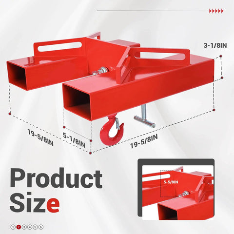 6600 Lbs Capacity Forklift Lift Hook For Pallet Forks Universal Fit Built Tough With Swivel Hook Red Powder Coated Finish ALMULOO Steel Lifting Hoist With 2 T Screws showing product dimensions