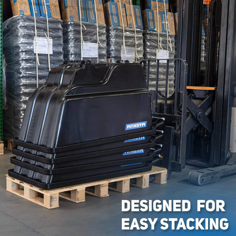 Tilt Dump Cart With Forklift-Ready Frame, Half Yard Capacity, 12-Inch Non-Marking Wheels And 5-Inch Casters, 850-Pound Load, Heavy-Duty Trash Cart For Jobsites, DUC12T-F-NM-03PK Three-Pack stacked on a pallet in a warehouse next to a forklift.