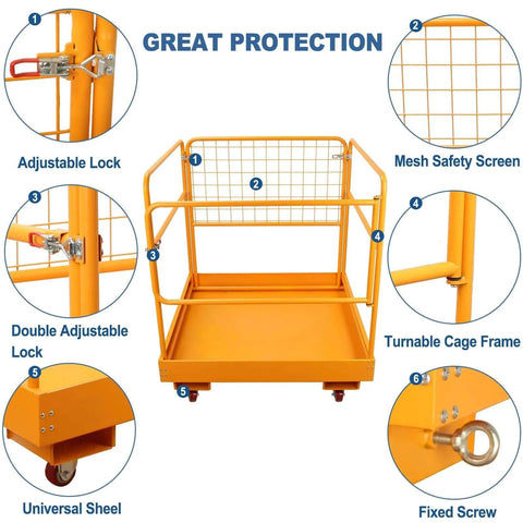 Forklift Safety Cage 36x36 Inch Platform With 1200 Lb Capacity Four Wheel Aerial Lift Basket Rails showing adjustable locks and frame