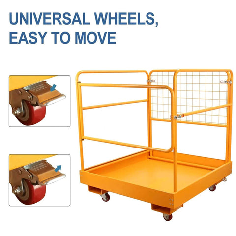 Forklift Safety Cage 36x36 Inch Platform With 1200 Lb Capacity Four Wheel Aerial Lift Basket Rails with universal wheels
