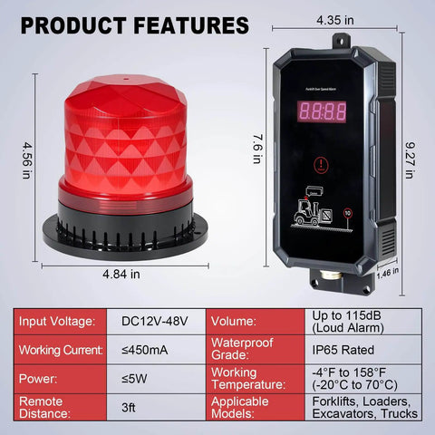 Forklift Speed Limit Alarm With Remote Overspeed Siren 115dB Three Level Adjustable System and IP65 waterproof speaker