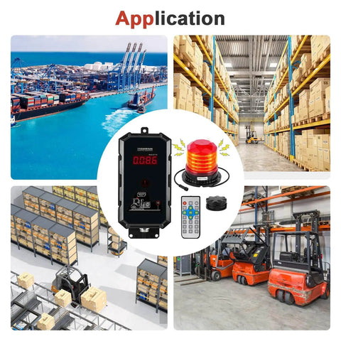 Forklift Speed Alarm System With Remote Overspeed Siren 120dB And Warning Light Waterproof IP67 DC 12 To 48V Three Level Alarm Settings Plus Vehicle Lock For Safer Worksites And Freight Handling in various settings.