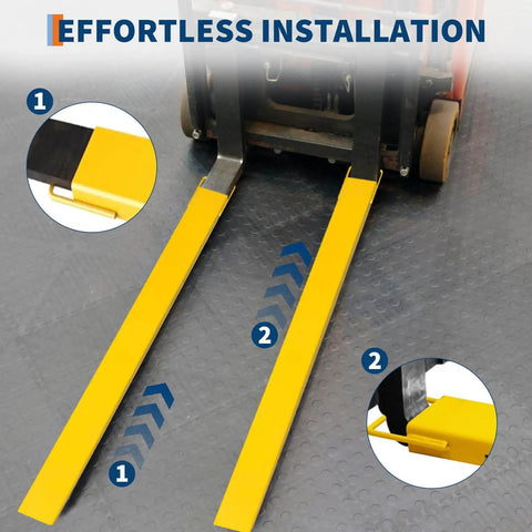 Boosts Your Forklift Reach With 72 Inch Extensions, 5500 Lbs Capacity installed on forklift, showing yellow extensions and installation steps.