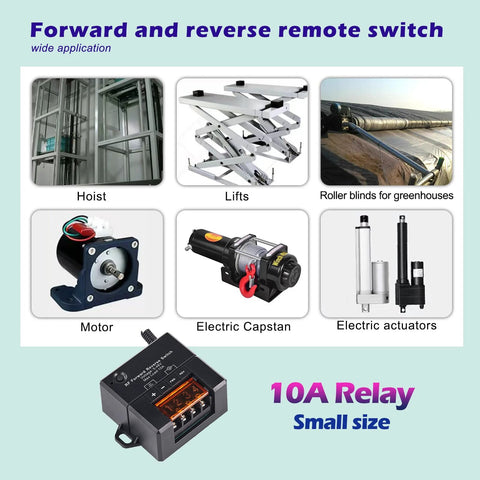 Amazon SRDKG 12V forward/reverse remote control switch with 10A relay; collage shows six application images.
