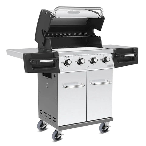 Stainless steel four-burner outdoor gas grill with open lid and side shelves on caster wheels