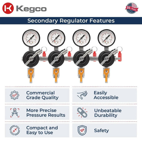 Kegco YH 76S 4 Secondary Regulator For Multi Keg Dispensing From A Single CO2 Tank shown with gauges and features listed