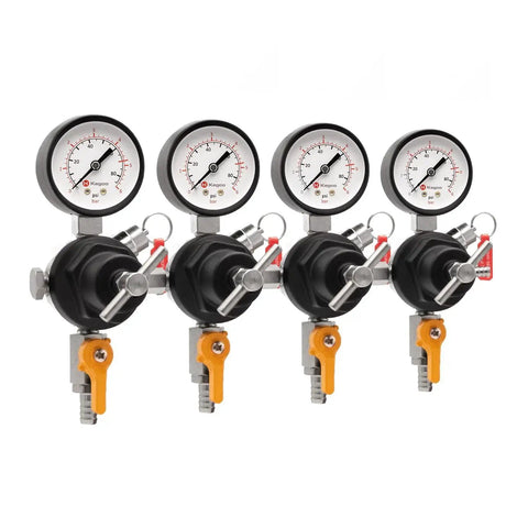 Four-gauge YH 76S 4 Secondary Regulator for multi-keg CO2 dispensing with Kegco compatibility, shown from front view.