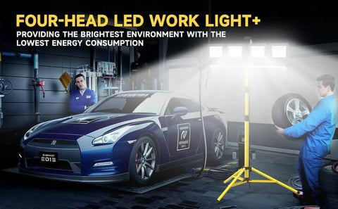Ultra Bright Plug In LED Work Light With Stand 28,000 Lumen 110V Outdoor Flood Light With 4 Adjustable Heads Foldable Tripod illuminating car and mechanic