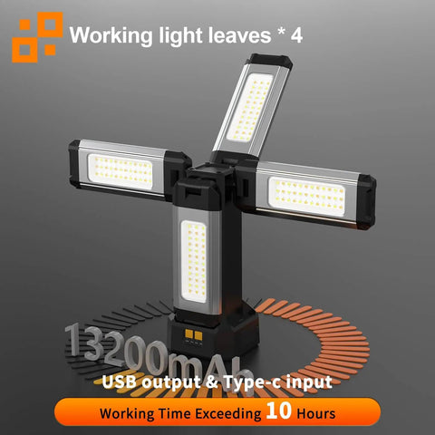 13200mAh Aluminum Work Light With Folding Stand IPX4 Waterproof 8000 Lumen Stepless Dimming And 3 Lighting Modes