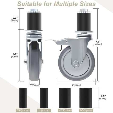 Four Inch Universal Adjustable Caster Wheels Set With Brakes For Tube Legs From 7/8 Inch To 1-5/8 Inch showing size options