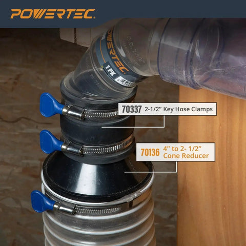 Installed four inch to two and one half inch cone reducer for dust collection fittings hose to hose connection with clamps