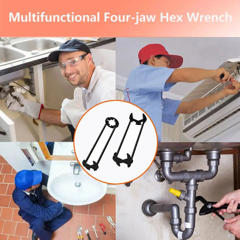 2 Piece Four Jaw Hex Wrench Basin Wrench Set for Tight Spaces Maintenance Installation and Removal of Faucet Nuts Screws and Threads