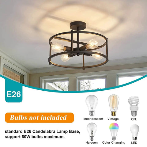 Industrial Semi Flush Mount Ceiling Light Four Light Rustic Metal Fixture in matte black installed in kitchen