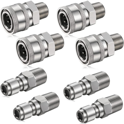 Eight silver NPT 1/4 inch pressure washer quick-connect fittings with external threads