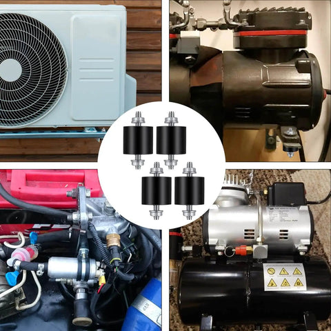 Four-pack 25x25mm M6 rubber vibration isolator mounts with machinery for shock absorption and stable fitness equipment operation.