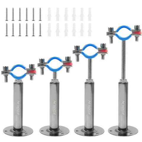 Four Kodilin 304 stainless pipe clamps with blue grips, adjustable 100+100mm height for 3/4 in OD pipes, mounting bases.