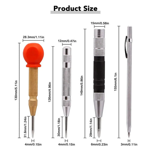 Dimensions of Four Pack 5 Inch and 6 Inch Automatic Center Punch Set, including metal engraving pen and tile cutter pen with carry case.