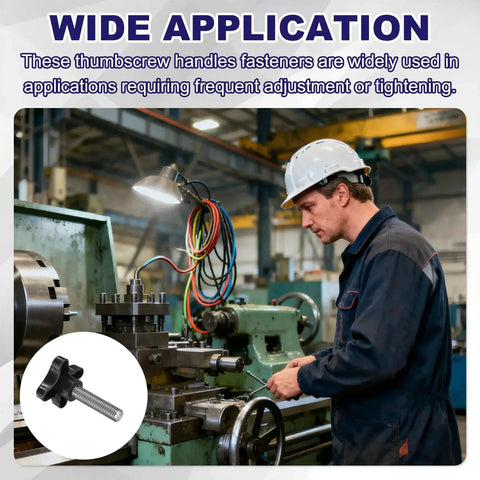 Worker adjusting machine with Four Point Knobs With Half Inch Thirteen UNC Threads And Two Point Zero Nine Inch Threaded Stud Star Clamping Knobs