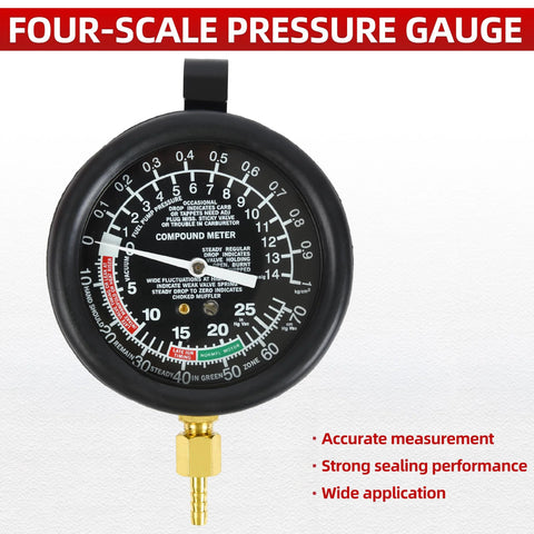 Four-scale automotive pressure gauge for fuel pump and vacuum testing; black dial with white markings, brass inlet.
