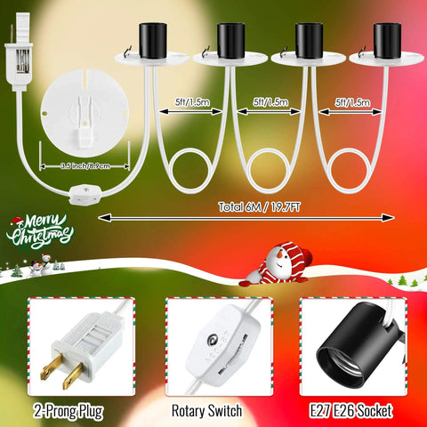 Four Socket Blow Mold Light Kit Replacement For MB48 With E26 E27 Medium Base Cord With Switch Includes Four White Round Plates