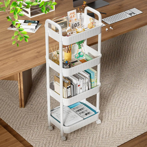 Four Tier Rolling Cart With Wheels For Kitchen Office Bedroom And Craft Storage Lightweight Yet Sturdy Utility Cart On Locking Casters White Perfect Go To Diaper Snack Tool Organizer For Home Use, pictured in an office setting, storing office supplies on four tiers.