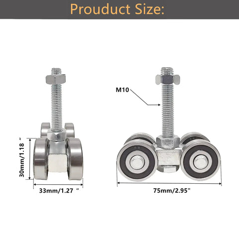 Front and side view of Four Wheel Trolley Assembly With Silent Rolling, M10 Bolt, fits 1-5/8 inch wide strut channel, pack of two