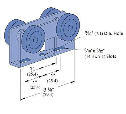 Diagram of Four Wheel Light Duty Trolley Assembly With 600 Lb Capacity, Roller Trolley For Use With All One And Five Eighths Inch Or Taller Strut Channel, featuring dimensions and slots.
