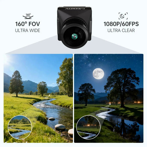 Dual image of day and night scenes showing 160-degree FOV and 1080P/60FPS clarity for Avatar Pro Kit Air Unit Pro For FPV Drones.