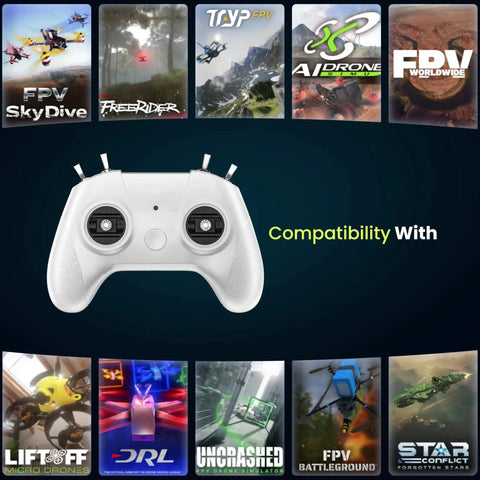 FPV Drone Simulator Controller For Beginners With 8 Channel Metal Joysticks And Dual Bearing Precision shown with compatible simulators.