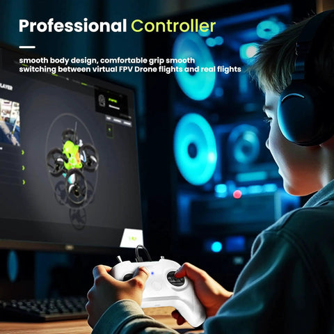Child using FPV Drone Simulator Controller For Beginners With 8 Channel Metal Joysticks, watching drone simulation on PC.