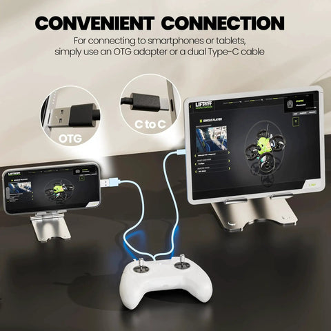 FPV Drone Simulator Controller For Beginners with 8 Channel Metal Joysticks connected to devices via USB-C