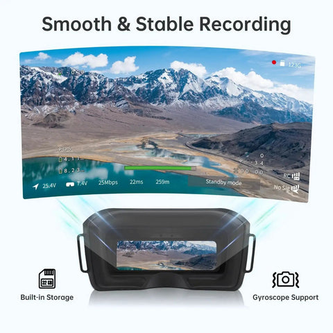 Avatar Pro Kit Air Unit Pro for FPV Drones screen display with mountain view and stats, dual antennas, night vision support.