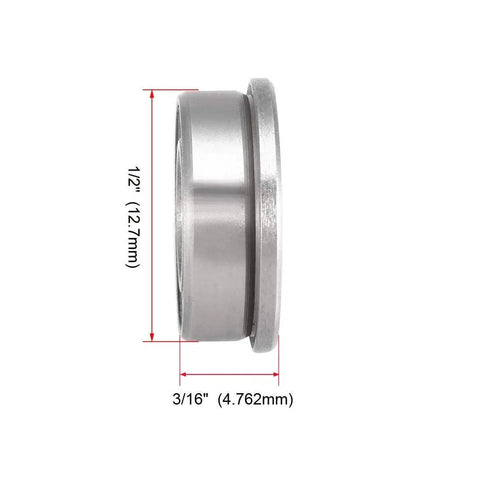 Side view of FR188ZZ Flanged Ball Bearing, 1/4 inch bore, 1/2 inch diameter, 3/16 inch thick, chrome steel, with dimensions.