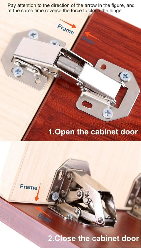Installation of Hidden Frameless Cabinet Hinges 4 Pack DOBOGA Concealed 90 Degree Surface Mount on cabinet door, open and close view