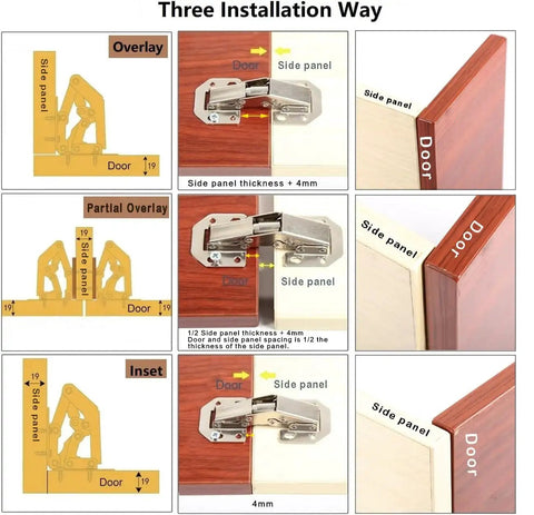 Installation methods for Hidden Frameless Cabinet Hinges 4 Pack DOBOGA Concealed 90 Degree Surface Mount Hinges with diagrams.