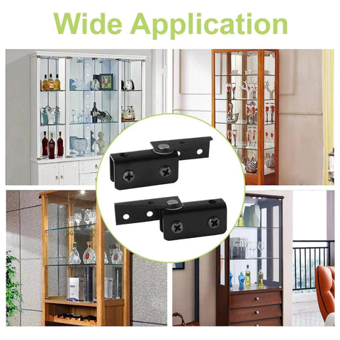 Collage of black 8 Pack Frameless Glass Door Pivot Hinges Clamp shown with glass cabinet applications