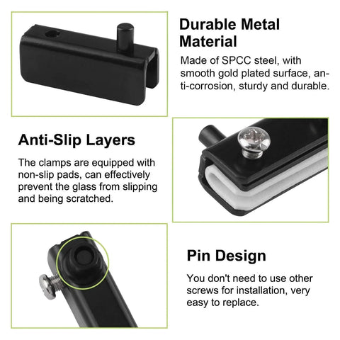 Close-up of black frameless glass door pivot hinges with anti-slip layers and pin design for 3-5mm glass, showcasing durable metal material.