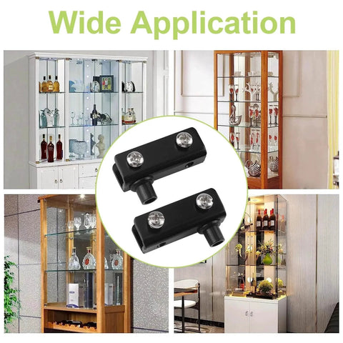 Frameless Glass Door Pivot Hinges 4 Pairs Adjustable Cabinet Door Clamps in black, showing wide application on various glass cabinets.