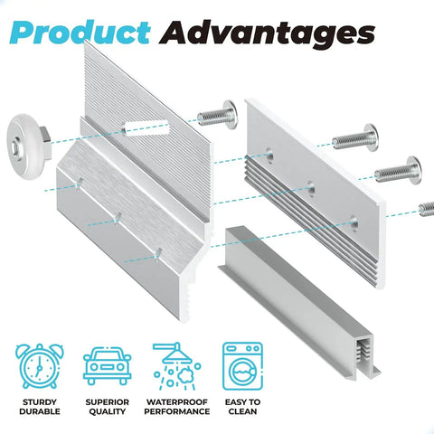 Exploded view of Frameless Shower Door Top Bracket Roller Assembly Set Four Replacement Wheels For Glass Up To One Quarter Inch.