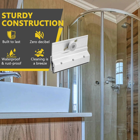 Frameless Shower Door Top Bracket Roller Assembly Four Pack for One Quarter Inch Glass with Chrome Finish in bathroom setting.